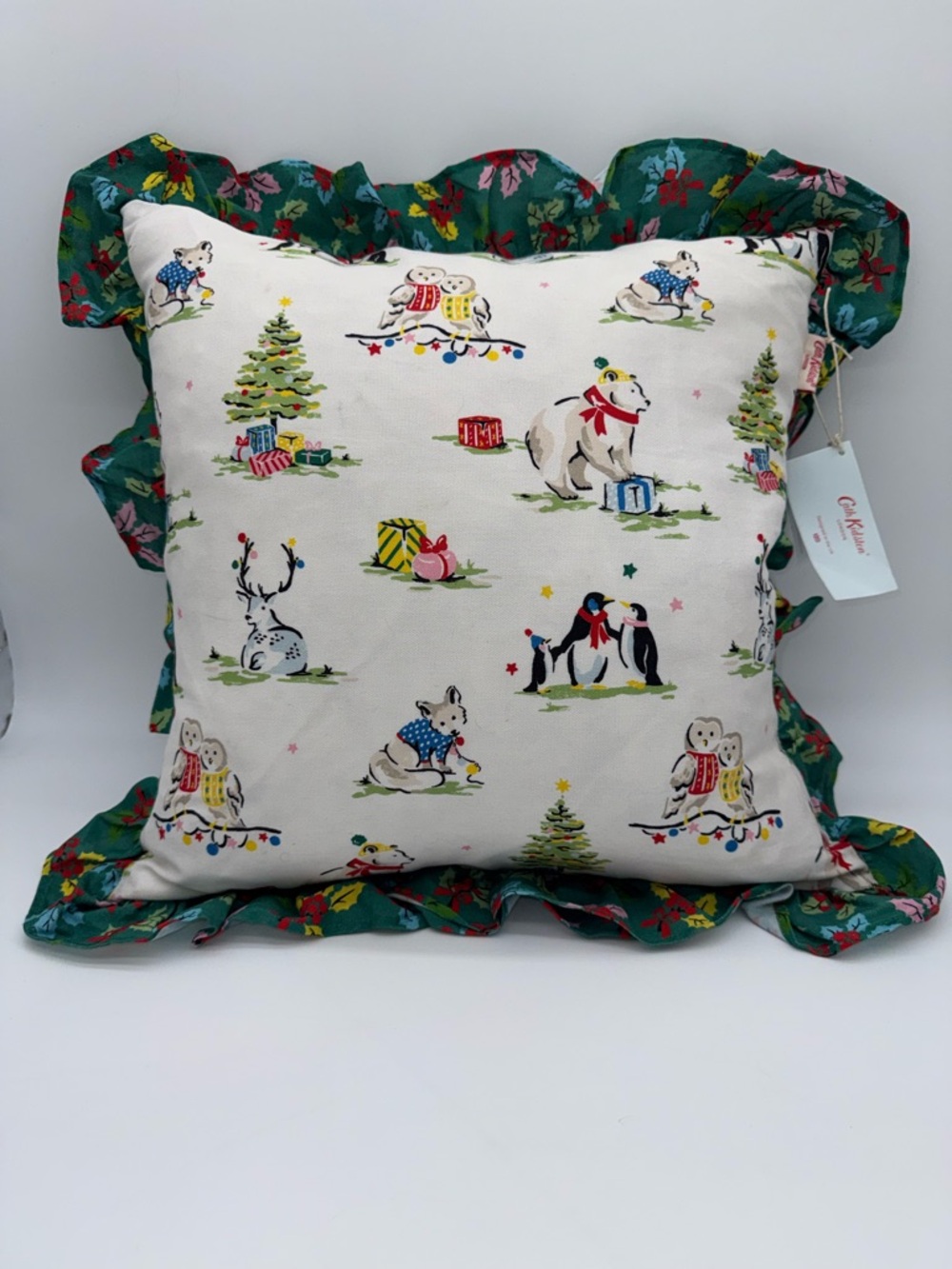 NWT Cath Kidston Christmas Animals Decorative Throw Bed Pillow Holly Tree 18x18